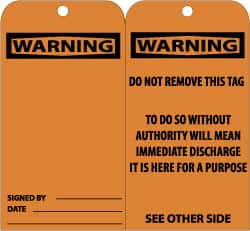 NMC - 3" High x 6" Long, Warning, English Safety & Facility Accident Prevention Tag - Tag Header: Warning, 2 Sides, Black & Orange Unrippable Vinyl - Exact Tooling