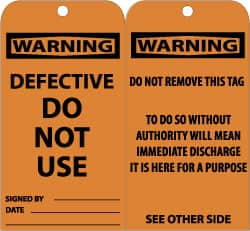 NMC - 3" High x 6" Long, WARNING - DEFECTIVE-DO NOT USE, English Safety & Facility Accident Prevention Tag - Tag Header: Warning, 2 Sides, Black & Orange Unrippable Vinyl - Exact Tooling
