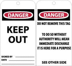 NMC - 3" High x 6" Long, DANGER - KEEP OUT, English Safety & Facility Accident Prevention Tag - Tag Header: Danger, 2 Sides, Black, Red & White Unrippable Vinyl - Exact Tooling