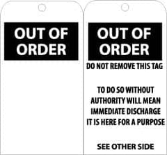 NMC - 3" High x 6" Long, OUT OF ORDER, English Safety & Facility Accident Prevention Tag - Tag Header: Danger, 2 Sides, Black & White Unrippable Vinyl - Exact Tooling