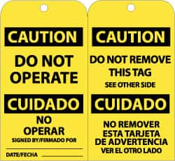 NMC - 3" High x 6" Long, CAUTION - DO NOT OPERATE, English & Spanish Safety & Facility Accident Prevention Tag - Tag Header: CAUTION, 2 Sides, Black & Yellow Unrippable Vinyl - Exact Tooling