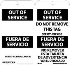 NMC - 3" High x 6" Long, OUT OF SERVICE, English & Spanish Safety & Facility Accident Prevention Tag - Tag Header: Notice, 2 Sides, Black & White Unrippable Vinyl - Exact Tooling
