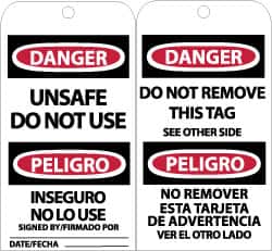 NMC - 3" High x 6" Long, DANGER - UNSAFE DO NOT USE, English & Spanish Safety & Facility Accident Prevention Tag - Tag Header: Danger, 2 Sides, Black, Red & White Unrippable Vinyl - Exact Tooling
