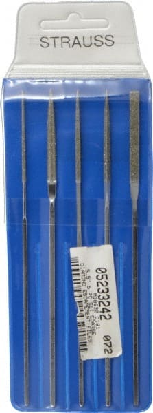 Strauss - 5 Piece Diamond Pattern File Set - 5-1/2" Long, Coarse Coarseness, Square Handle, Set Includes Equalling, Half Round, Round, Square - Exact Tooling