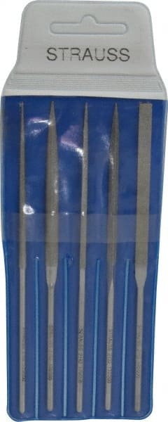 Strauss - 5 Piece Diamond Pattern File Set - 5-1/2" Long, Fine Coarseness, Round Handle, Set Includes Equalling, Half Round, Round, Square, Three Square - Exact Tooling