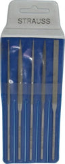 Strauss - 5 Piece Diamond Pattern File Set - 5-1/2" Long, Fine Coarseness, Round Handle, Set Includes Equalling, Half Round, Round, Square, Three Square - Exact Tooling
