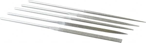 Strauss - 5 Piece Diamond Pattern File Set - 5-1/2" Long, Medium Coarseness, Round Handle, Set Includes Equalling, Half Round, Round, Square, Three Square - Exact Tooling