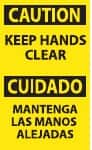 NMC - Accident Prevention Label, Header: CAUTION - Legend: Caution - Keep Hands Clear, English & Spanish, Black & Yellow, 3" Long x 5" High, Sign Muscle Finish - Exact Tooling