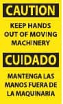 NMC - Accident Prevention Label, Header: CAUTION - Legend: Caution - Keep Hands Out of Moving Machinery, English & Spanish, Black & Yellow, 3" Long x 5" High, Sign Muscle Finish - Exact Tooling