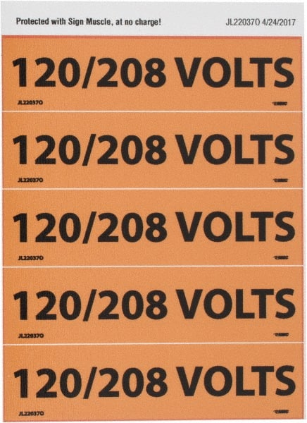 NMC - Electrical Markers Label - Legend: 120/208 Volts, English, Black & Orange, 4-1/2" Long x 1-1/8" High, Sign Muscle Finish - Exact Tooling