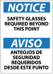 NMC - "Notice - Safety Glasses Required Beyond This Point", 14" Long x 10" Wide, Rigid Plastic Safety Sign - Rectangle, 0.05" Thick, Use for Accident Prevention - Exact Tooling