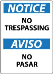 NMC - "Notice - No Trespassing", 14" Long x 10" Wide, Aluminum Safety Sign - Rectangle, 0.04" Thick, Use for Security & Admittance - Exact Tooling