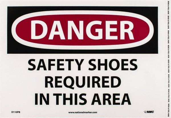 NMC - "Danger - Safety Shoes Required in This Area", 10" Long x 14" Wide, Pressure-Sensitive Vinyl Safety Sign - Rectangle, 0.004" Thick, Use for Accident Prevention - Exact Tooling