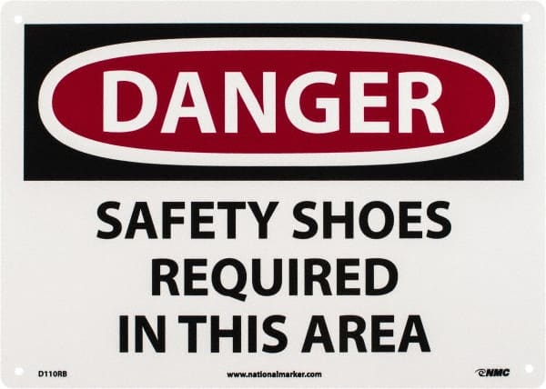NMC - "Danger - Safety Shoes Required in This Area", 10" Long x 14" Wide, Rigid Plastic Safety Sign - Rectangle, 0.05" Thick, Use for Accident Prevention - Exact Tooling