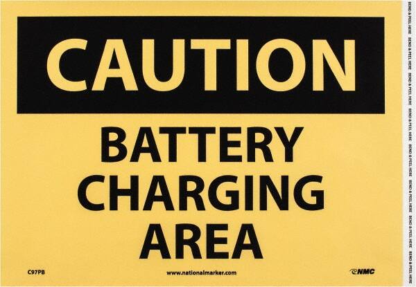 NMC - "Caution - Battery Charging Area", 10" Long x 14" Wide, Pressure-Sensitive Vinyl Safety Sign - Rectangle, 0.004" Thick, Use for Accident Prevention - Exact Tooling
