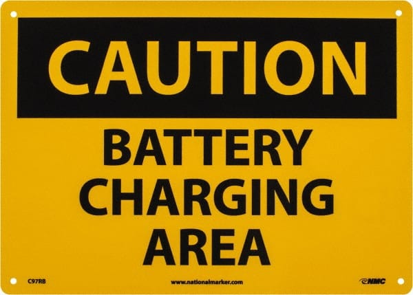 NMC - "Caution - Battery Charging Area", 10" Long x 14" Wide, Aluminum Safety Sign - Rectangle, 0.04" Thick, Use for Accident Prevention - Exact Tooling
