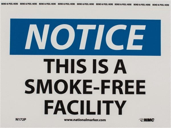 NMC - "Notice - This Is a Smoke-Free Facility", 7" Long x 10" Wide, Pressure-Sensitive Vinyl Safety Sign - Rectangle, 0.004" Thick, Use for Accident Prevention - Exact Tooling