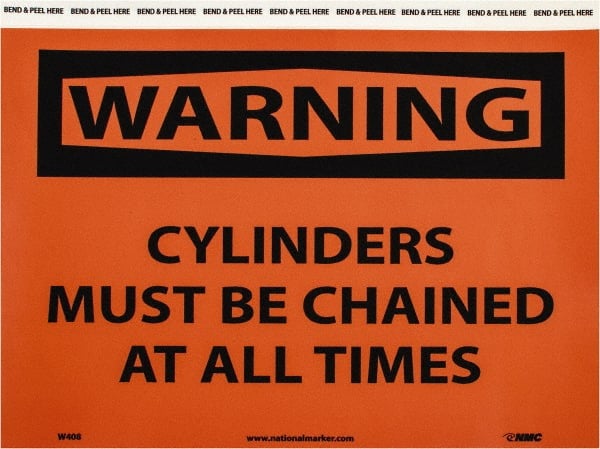 NMC - "Warning - Cylinders Must Be Chained at All Times", 7" Long x 10" Wide, Pressure-Sensitive Vinyl Safety Sign - Rectangle, 0.004" Thick, Use for Accident Prevention - Exact Tooling
