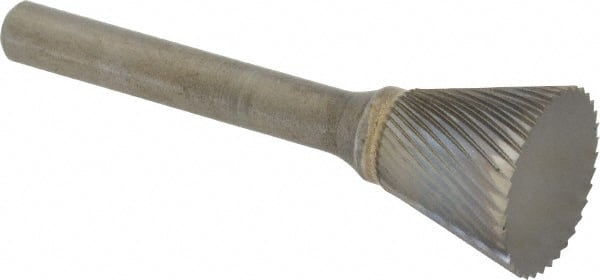 SGS Pro - 3/4" Cut Diam, 1/4" Shank Diam, Inverted Cone Head Single Cut Burr - Carbide, Flat End, 5/8" LOC - Exact Tooling