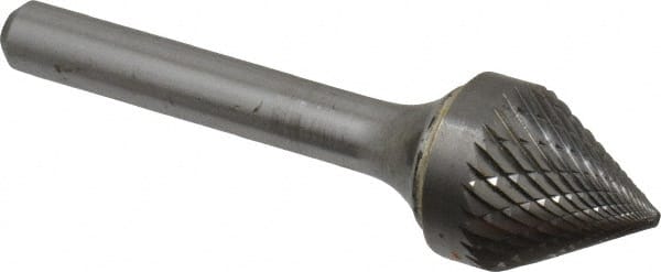 SGS Pro - 5/8" Cut Diam, 1/4" Shank Diam, Cone Head Double Cut Burr - Carbide, Point End, 9/16" LOC, 2-5/16" OAL - Exact Tooling