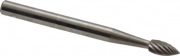 SGS Pro - 1/8" Cut Diam, 1/8" Shank Diam, Flame Head Single Cut Burr - Carbide, Radius End, 1/4" LOC, 1-1/2" OAL - Exact Tooling