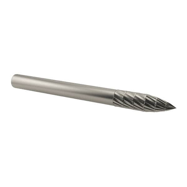 SGS Pro - 1/8" Cut Diam, 1/8" Shank Diam, Tree Head Double Cut Burr - Carbide, Point End, 3/8" LOC, 1-1/2" OAL - Exact Tooling