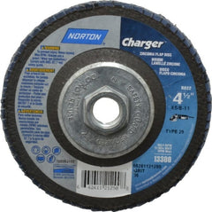 Norton - 36 Grit, 4-1/2" Disc Diam, 5/8-11 Center Hole, Type 29 Zirconia Alumina Flap Disc - 13,000 Max RPM, Fiberglass Backing, Arbor Attaching System, Coated - Exact Tooling
