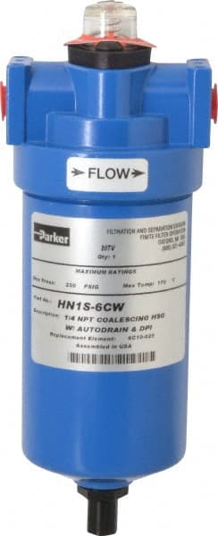 Parker - 1/4" Port, 8.8" High x 3.11" Wide, FRL Filter with Aluminum Bowl & Manual Drain - 15 SCFM, 250 Max psi, 175°F Max - Exact Tooling