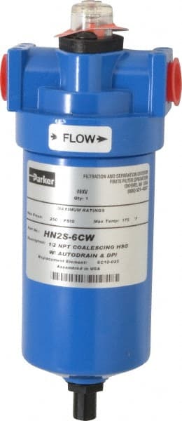 Parker - 1/2" Port, 8.8" High x 3.11" Wide, FRL Filter with Aluminum Bowl & Manual Drain - 25 SCFM, 250 Max psi, 175°F Max - Exact Tooling