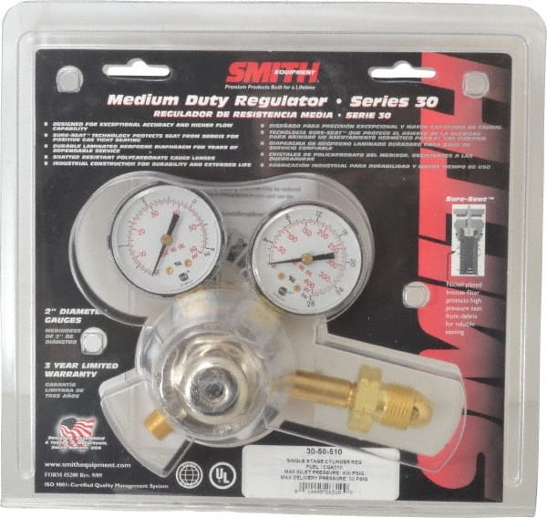 Miller-Smith - 510 CGA Inlet Connection, B Fitting, 50 Max psi, Propane, Propylene, MAPP & Natural Gas Welding Regulator - 9/16-18 L/H Thread, Left Hand Rotation - Exact Tooling