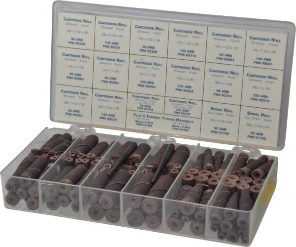 Merit Abrasives - 120 Piece Aluminum Oxide Cartridge Roll Set - 80 & 120 Grit, Includes 2 Mandrels - Exact Tooling