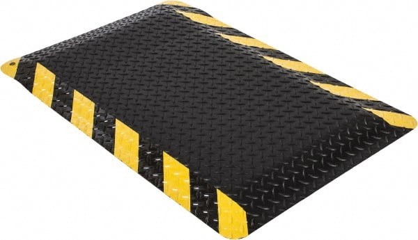 Wearwell - 3' Long x 2' Wide, Dry Environment, Anti-Fatigue Matting - Black with Yellow Chevron Borders, Vinyl with Nitrile Blend Base, Beveled on 4 Sides - Exact Tooling