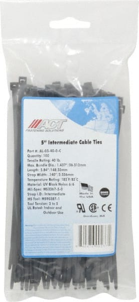 Made in USA - 5.84" Long Black Nylon Standard Cable Tie - 40 Lb Tensile Strength, 1.24mm Thick, 36.42mm Max Bundle Diam - Exact Tooling