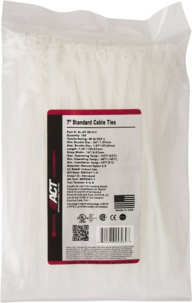 Made in USA - 7.562" Long Natural (Color) Nylon Standard Cable Tie - 50 Lb Tensile Strength, 1.32mm Thick, 47.63mm Max Bundle Diam - Exact Tooling