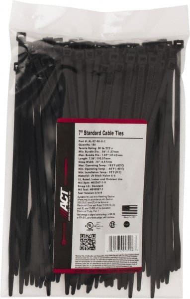 Made in USA - 7.562" Long Black Nylon Standard Cable Tie - 50 Lb Tensile Strength, 1.32mm Thick, 47.63mm Max Bundle Diam - Exact Tooling