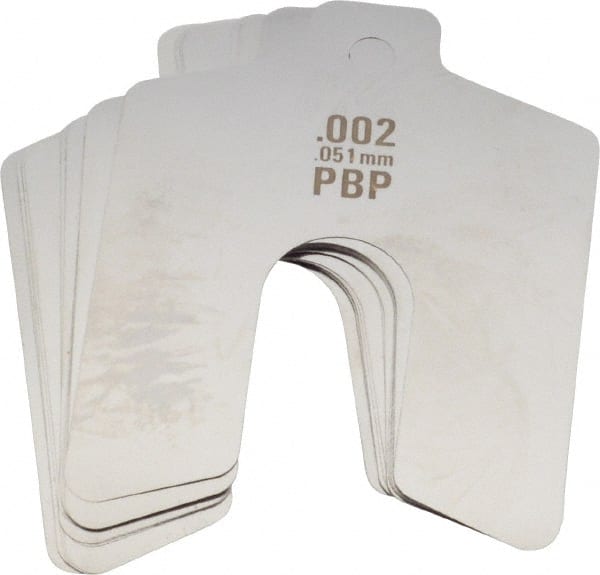Made in USA - 20 Piece, 2 Inch Long x 2 Inch Wide x 0.002 Inch Thick, Slotted Shim Stock - Stainless Steel, 5/8 Inch Wide Slot - Exact Tooling