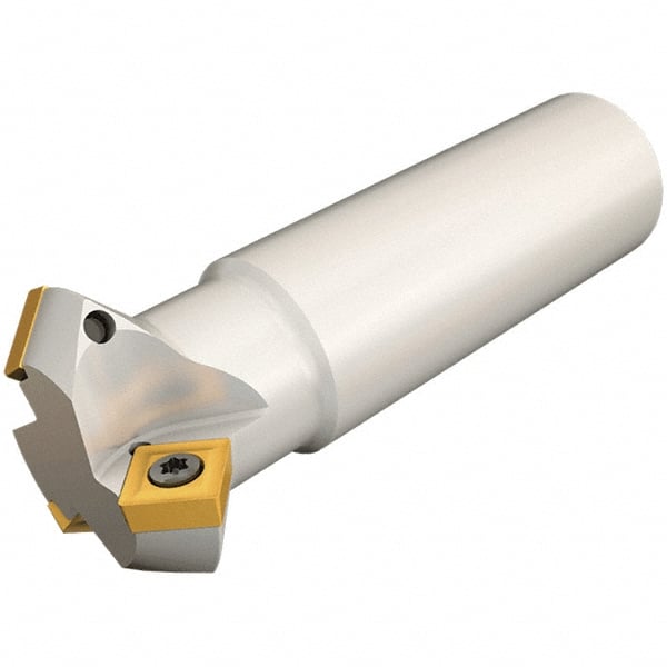 Iscar - 45° Lead Angle, 35.9mm Max Cut Diam, 16mm Min Cut Diam, 9.7mm Max Depth of Cut, Indexable Chamfer and Angle End Mill - 2 Inserts, TPMT Insert Style, 100mm Overall Length, Straight Shank - Exact Tooling