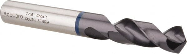 Accupro - 7/16" 120° Spiral Flute Cobalt Screw Machine Drill Bit - TiAlN Finish, Right Hand Cut, 47mm Flute Length, 95mm OAL, Faceted Point, Straight Shank - Exact Tooling