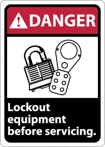 NMC - "Danger - Lock Out Equipment Before Servicing", 10" Long x 7" Wide, Rigid Plastic Safety Sign - Rectangle, 0.05" Thick, Use for Accident Prevention - Exact Tooling