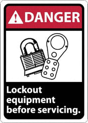 NMC - "Danger - Lock Out Equipment Before Servicing", 10" Long x 7" Wide, Rigid Plastic Safety Sign - Rectangle, 0.05" Thick, Use for Accident Prevention - Exact Tooling