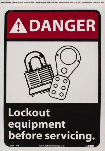 NMC - "Danger - Lock Out Equipment Before Servicing", 14" Long x 10" Wide, Pressure-Sensitive Vinyl Safety Sign - Rectangle, 0.004" Thick, Use for Accident Prevention - Exact Tooling