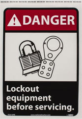 NMC - "Danger - Lock Out Equipment Before Servicing", 14" Long x 10" Wide, Pressure-Sensitive Vinyl Safety Sign - Rectangle, 0.004" Thick, Use for Accident Prevention - Exact Tooling