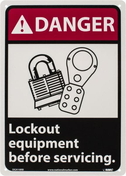NMC - "Danger - Lock Out Equipment Before Servicing", 14" Long x 10" Wide, Rigid Plastic Safety Sign - Rectangle, 0.05" Thick, Use for Accident Prevention - Exact Tooling