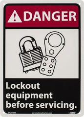 NMC - "Danger - Lock Out Equipment Before Servicing", 14" Long x 10" Wide, Rigid Plastic Safety Sign - Rectangle, 0.05" Thick, Use for Accident Prevention - Exact Tooling