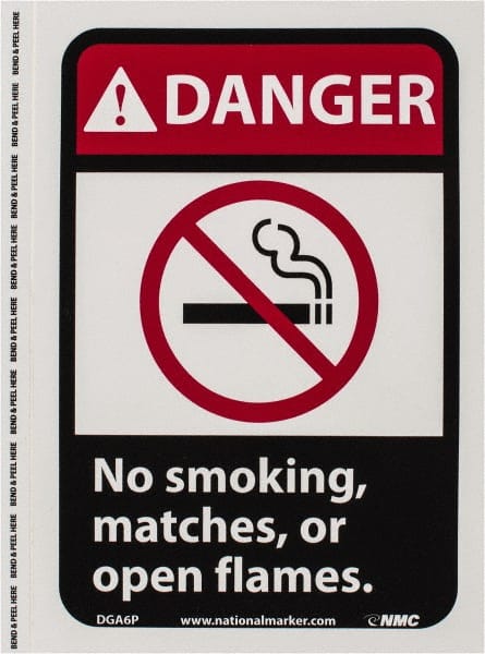 NMC - "Danger - No Smoking, Matches or Open Flames", 10" Long x 7" Wide, Pressure-Sensitive Vinyl Safety Sign - Rectangle, 0.004" Thick, Use for Accident Prevention - Exact Tooling