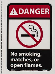 NMC - "Danger - No Smoking, Matches or Open Flames", 10" Long x 7" Wide, Pressure-Sensitive Vinyl Safety Sign - Rectangle, 0.004" Thick, Use for Accident Prevention - Exact Tooling
