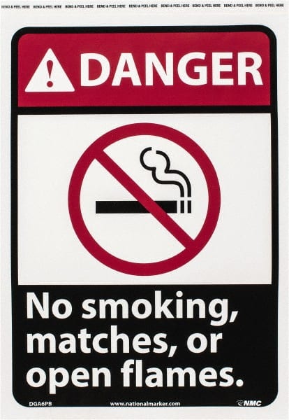 NMC - "Danger - No Smoking, Matches or Open Flames", 14" Long x 10" Wide, Pressure-Sensitive Vinyl Safety Sign - Rectangle, 0.004" Thick, Use for Accident Prevention - Exact Tooling