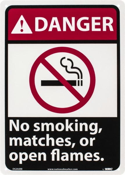 NMC - "Danger - No Smoking, Matches or Open Flames", 14" Long x 10" Wide, Rigid Plastic Safety Sign - Rectangle, 0.05" Thick, Use for Accident Prevention - Exact Tooling