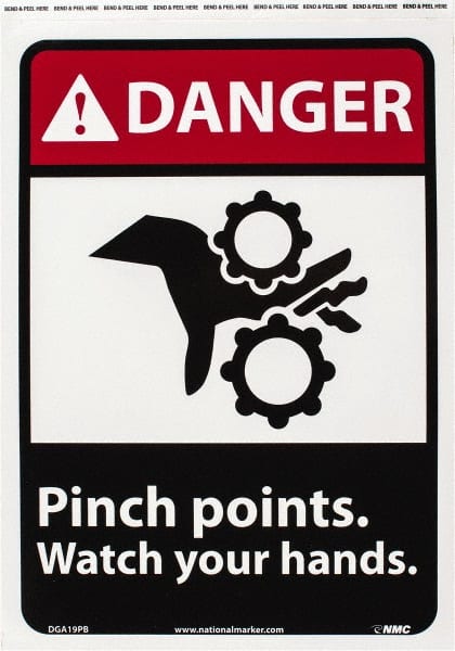 NMC - "Danger - Pinch Points - Watch Your Hands", 14" Long x 10" Wide, Pressure-Sensitive Vinyl Safety Sign - Rectangle, 0.004" Thick, Use for Accident Prevention - Exact Tooling