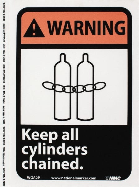 NMC - "Warning - Keep All Cylinders Chained", 10" Long x 7" Wide, Pressure-Sensitive Vinyl Safety Sign - Rectangle, 0.004" Thick, Use for Accident Prevention - Exact Tooling
